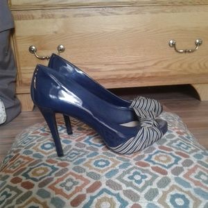 Fioni Payless Navy Peep Toe Striped Heels